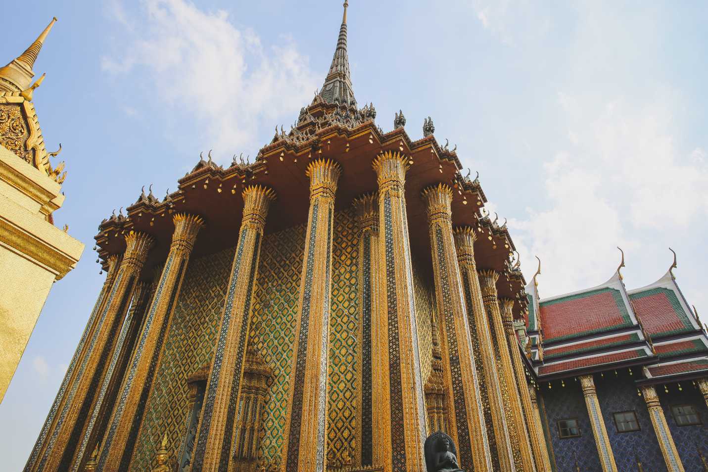 Looking up at the spires at the Grand Palace