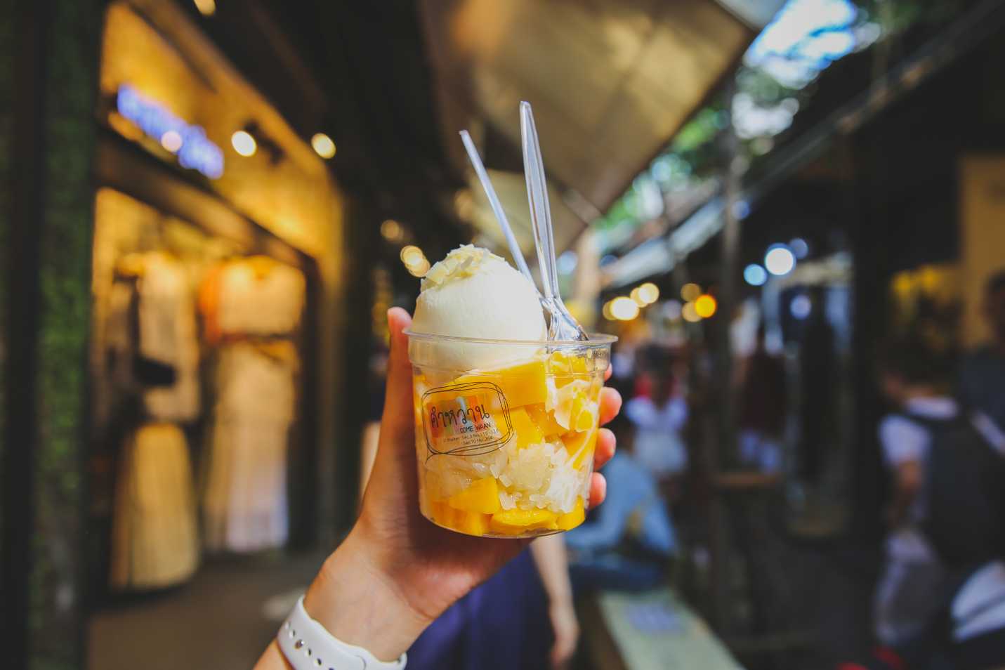 Mango sticky rice with coconut ice cream